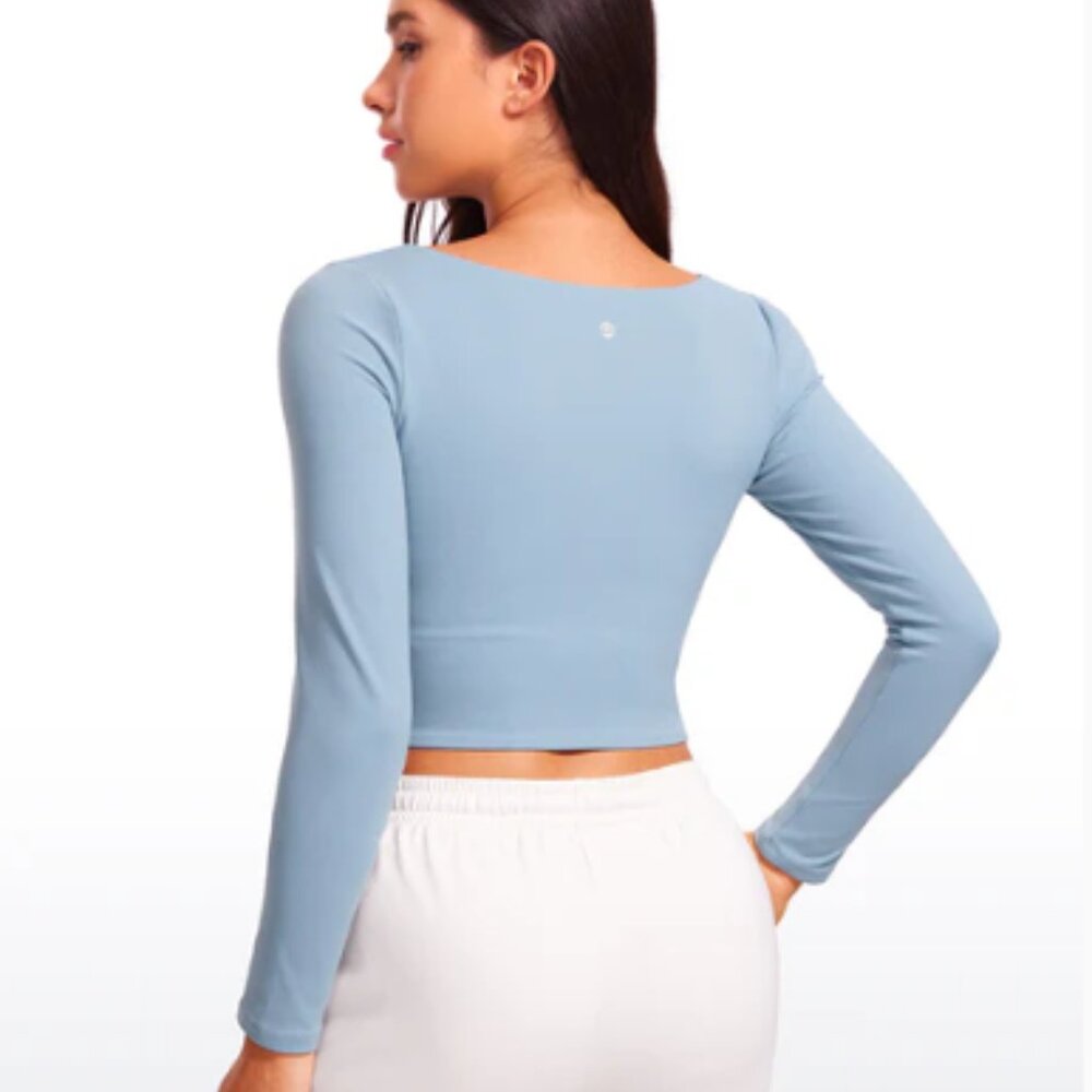 NWT CRZ YOGA Butterluxe Lined Crop Top Long Sleeves Square Neck Cambric Blue #14 - Picture 4 of 5